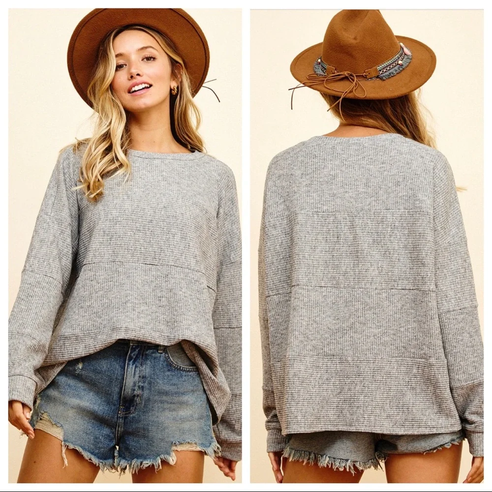 Two Tone Stripe Pattern Block Long Sleeves Top - Picture 4 of 5